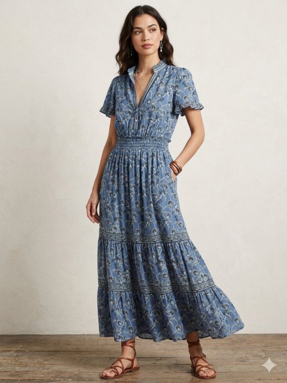 NWT Max Studio Blue Floral Tiered Smocked Maxi Dress S